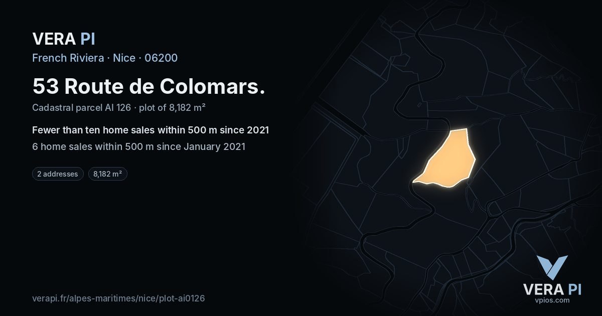 53 Route de Colomars, Nice at night – the plot lit, the parcels around coloured by the prices near them