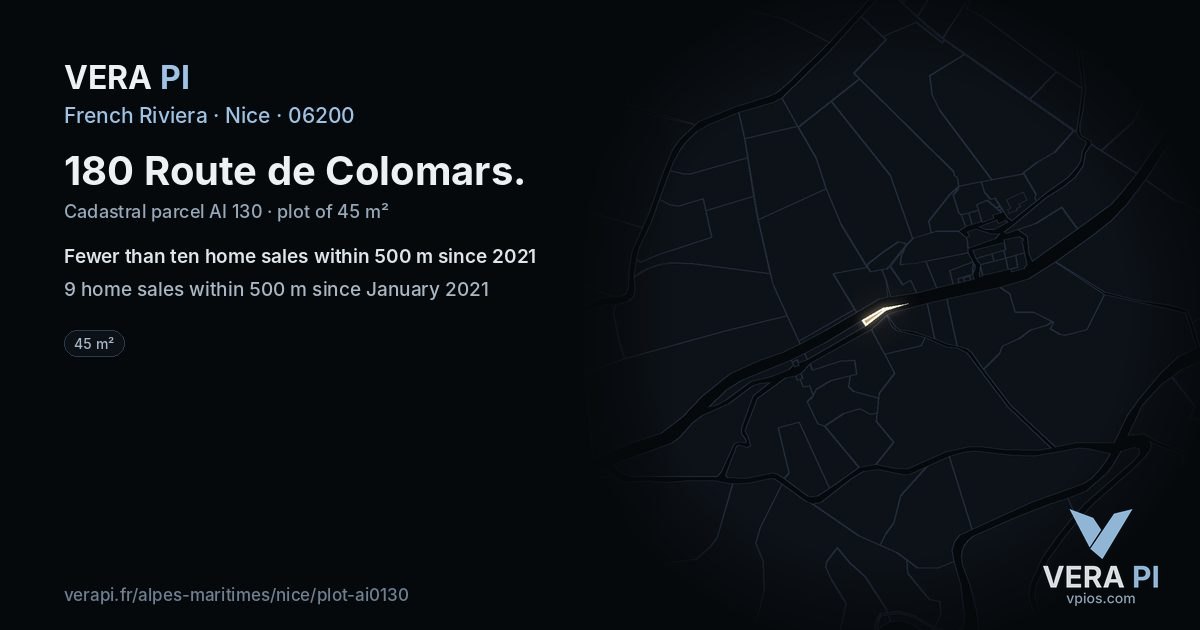 180 Route de Colomars, Nice at night – the plot lit, the parcels around coloured by the prices near them