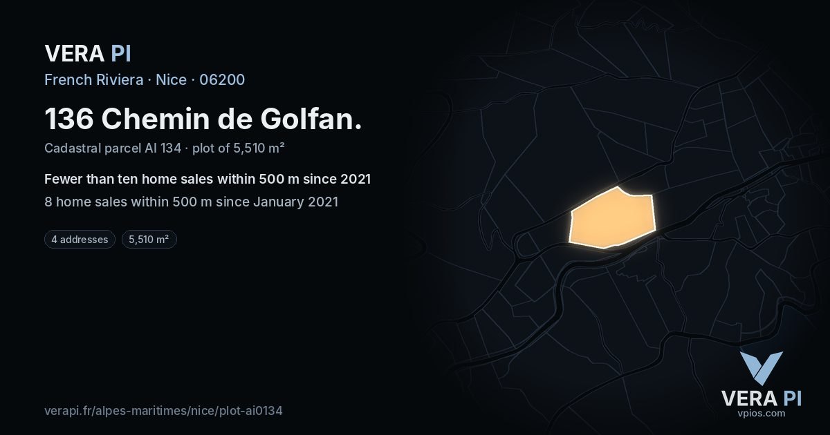 136 Chemin de Golfan, Nice at night – the plot lit, the parcels around coloured by the prices near them