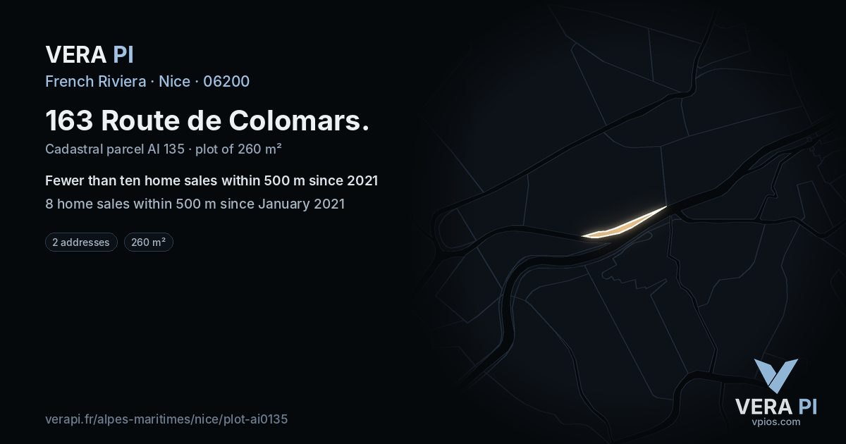 163 Route de Colomars, Nice at night – the plot lit, the parcels around coloured by the prices near them