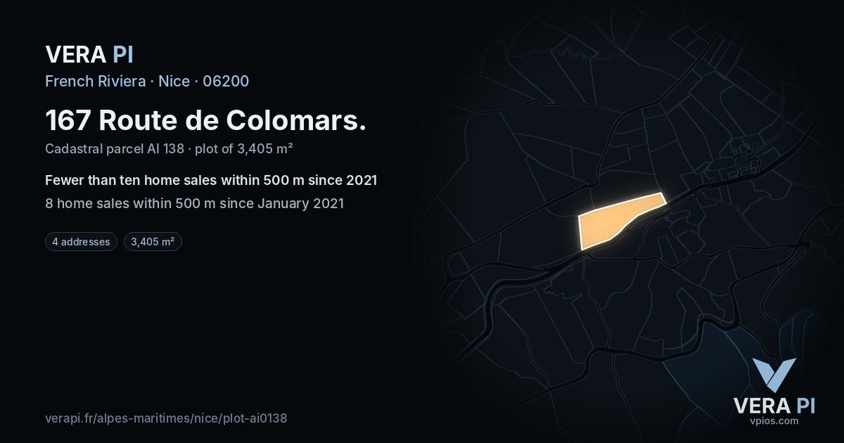 167 Route de Colomars, Nice at night – the plot lit, the parcels around coloured by the prices near them