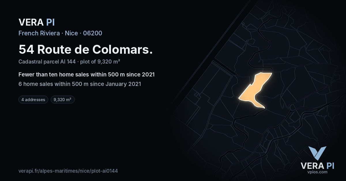 54 Route de Colomars, Nice at night – the plot lit, the parcels around coloured by the prices near them