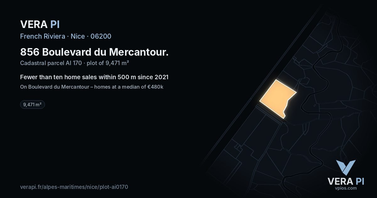 856 Boulevard du Mercantour, Nice at night – the plot lit, the parcels around coloured by the prices near them