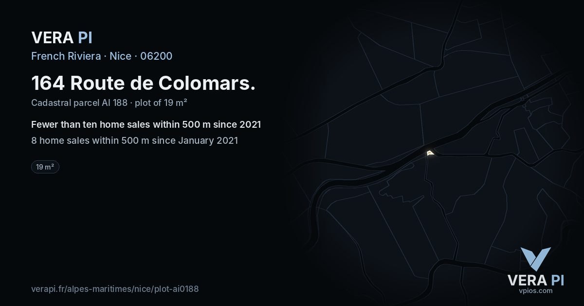 164 Route de Colomars, Nice at night – the plot lit, the parcels around coloured by the prices near them