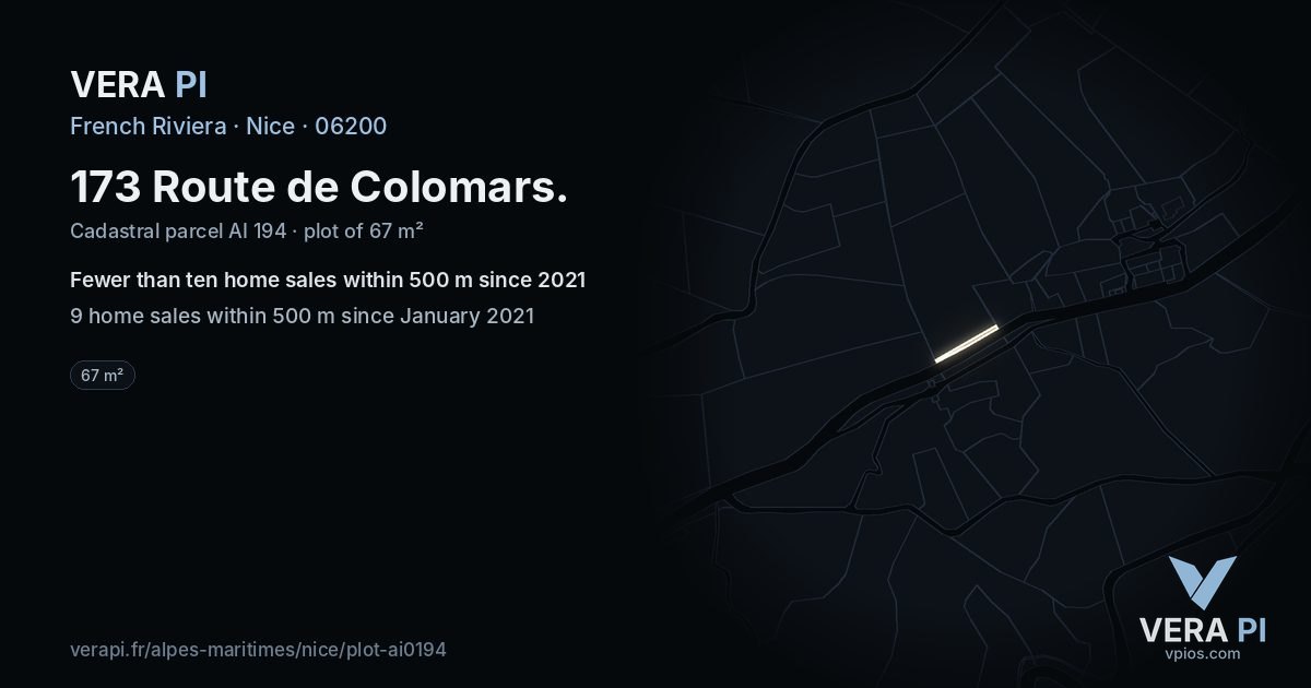 173 Route de Colomars, Nice at night – the plot lit, the parcels around coloured by the prices near them