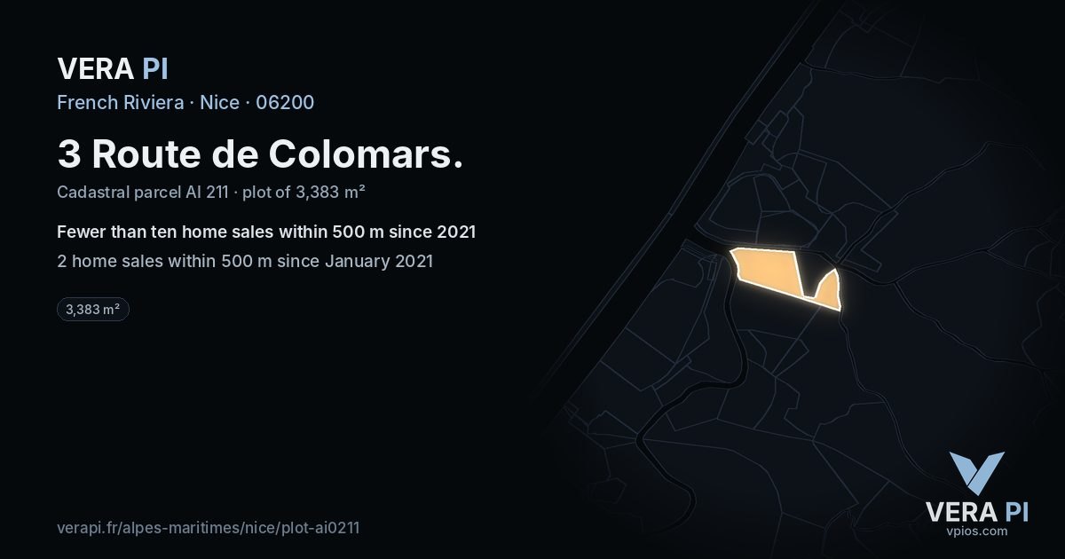 3 Route de Colomars, Nice at night – the plot lit, the parcels around coloured by the prices near them