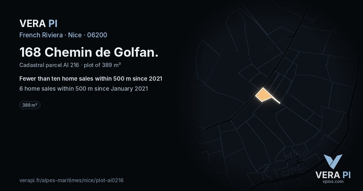 168 Chemin de Golfan, Nice at night – the plot lit, the parcels around coloured by the prices near them