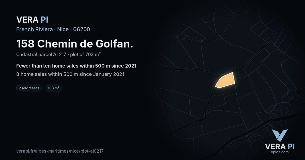 158 Chemin de Golfan, Nice at night – the plot lit, the parcels around coloured by the prices near them