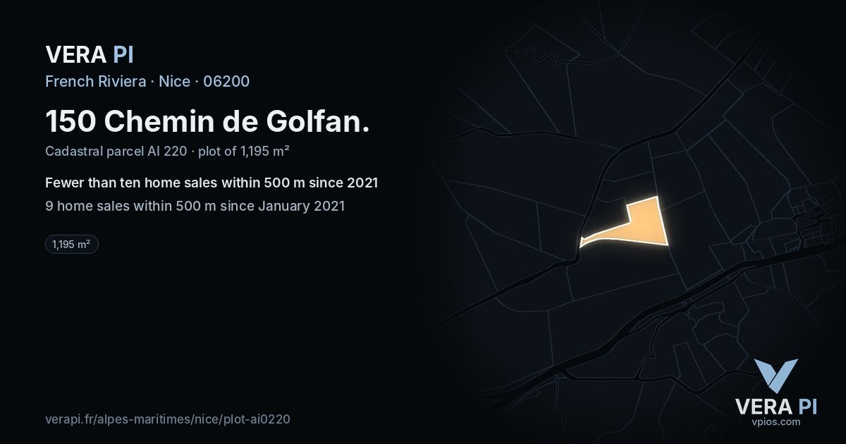 150 Chemin de Golfan, Nice at night – the plot lit, the parcels around coloured by the prices near them