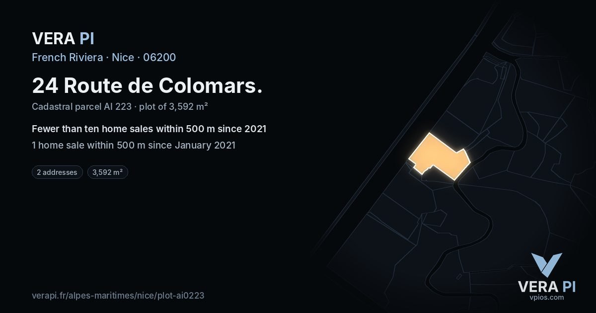 24 Route de Colomars, Nice at night – the plot lit, the parcels around coloured by the prices near them