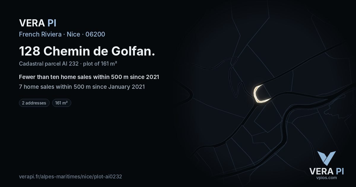 128 Chemin de Golfan, Nice at night – the plot lit, the parcels around coloured by the prices near them