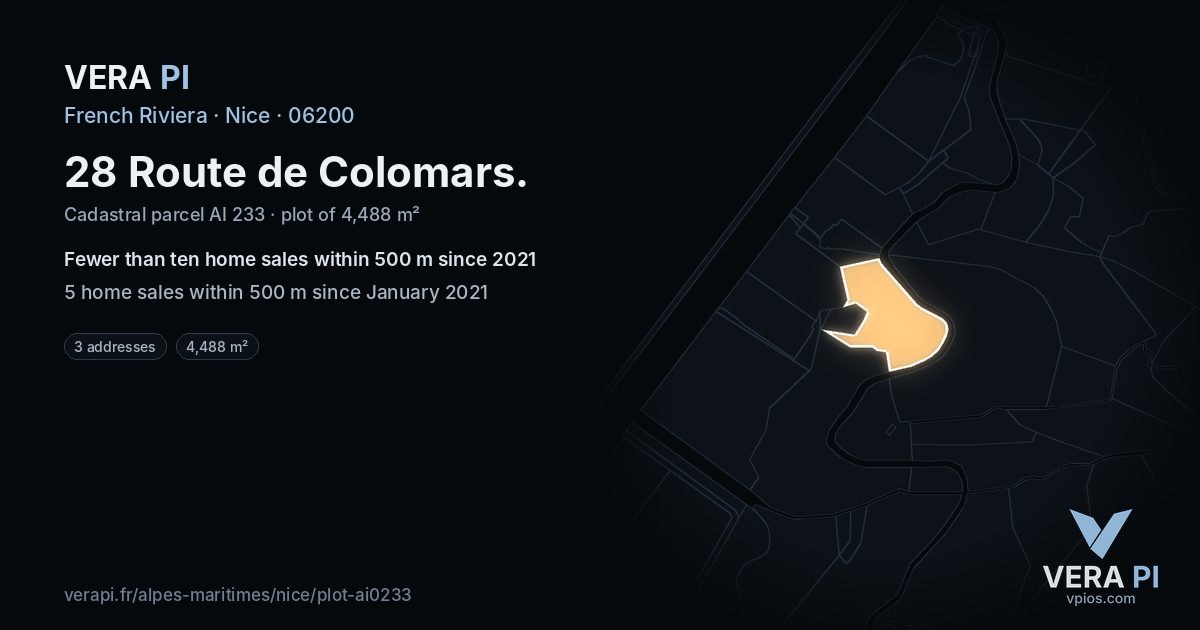 28 Route de Colomars, Nice at night – the plot lit, the parcels around coloured by the prices near them