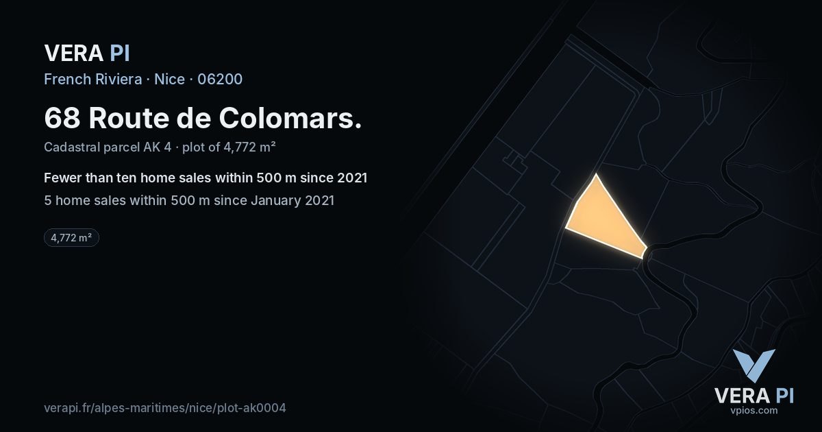 68 Route de Colomars, Nice at night – the plot lit, the parcels around coloured by the prices near them