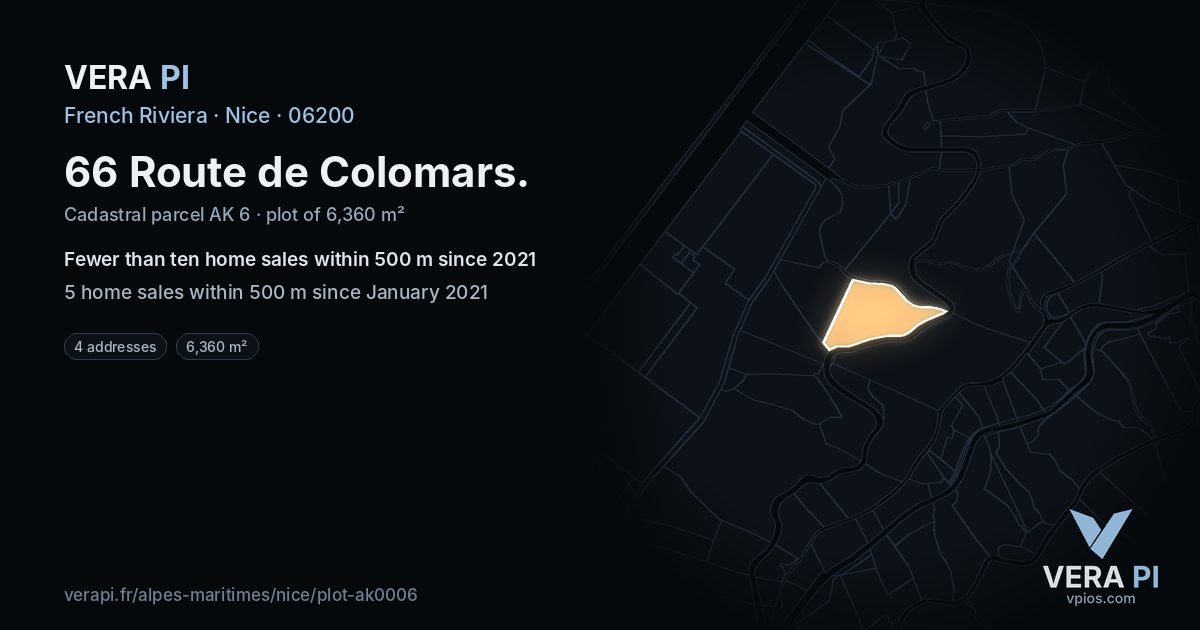 66 Route de Colomars, Nice at night – the plot lit, the parcels around coloured by the prices near them