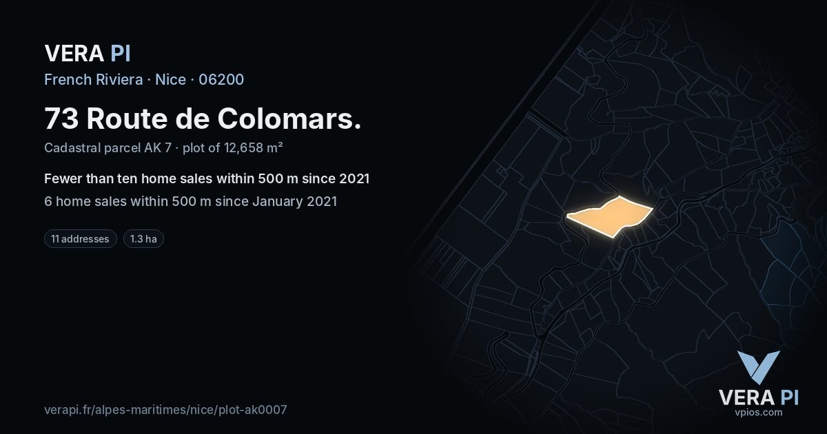 73 Route de Colomars, Nice at night – the plot lit, the parcels around coloured by the prices near them