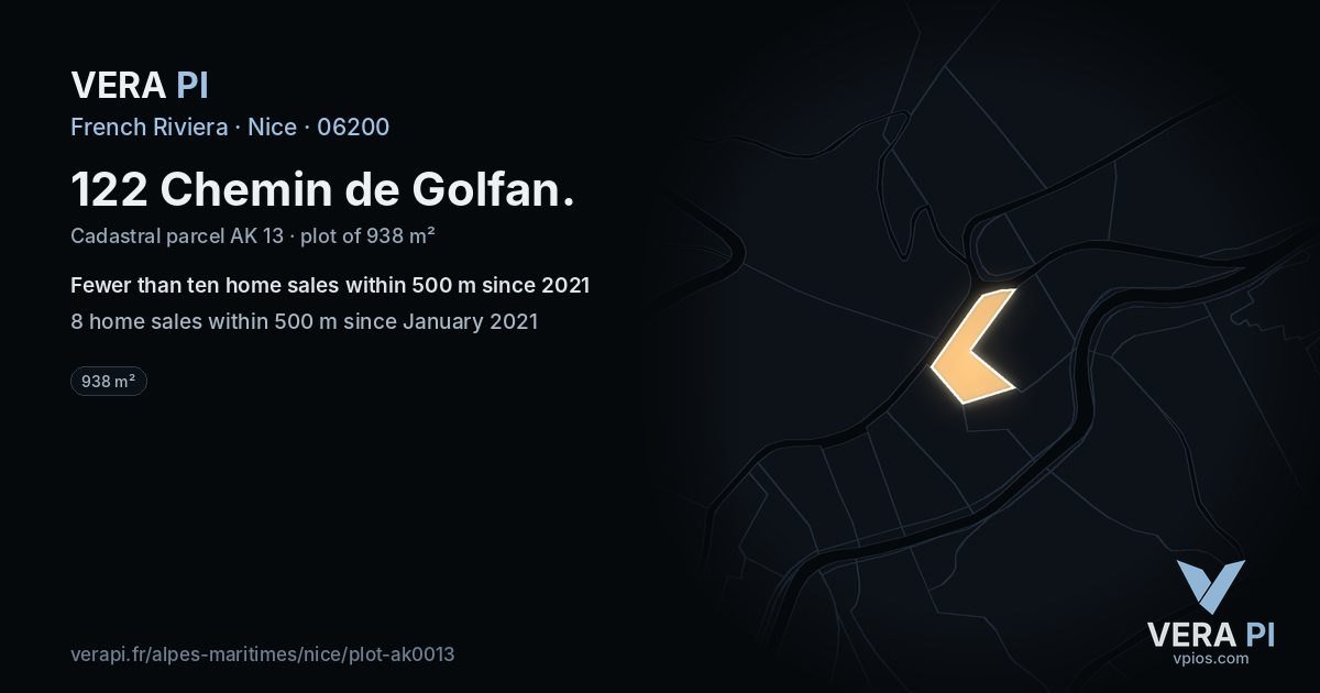 122 Chemin de Golfan, Nice at night – the plot lit, the parcels around coloured by the prices near them