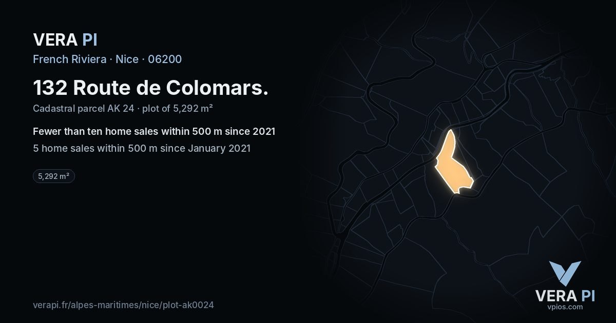 132 Route de Colomars, Nice at night – the plot lit, the parcels around coloured by the prices near them
