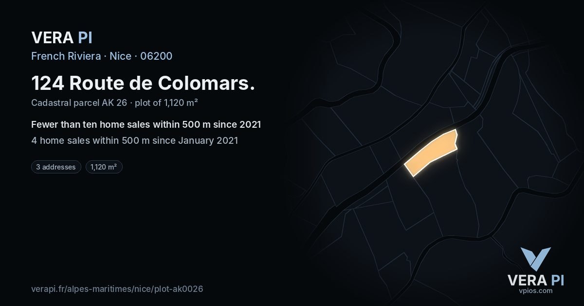 124 Route de Colomars, Nice at night – the plot lit, the parcels around coloured by the prices near them