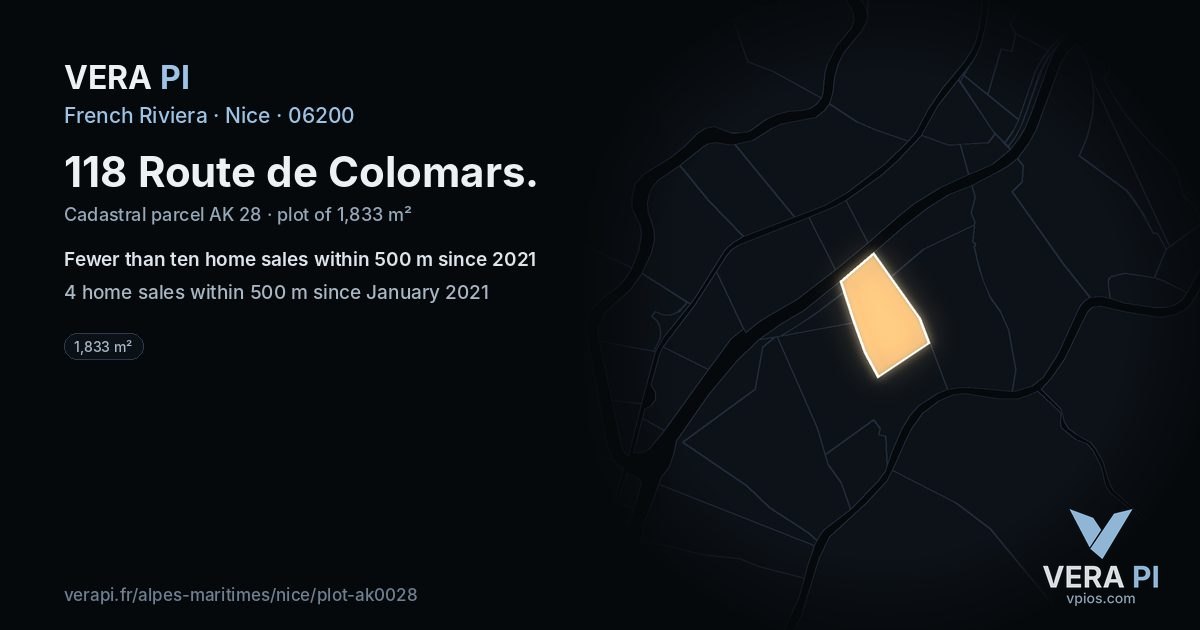 118 Route de Colomars, Nice at night – the plot lit, the parcels around coloured by the prices near them