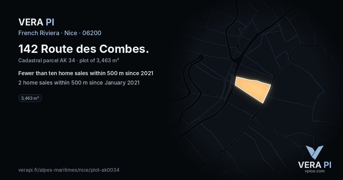 142 Route des Combes, Nice at night – the plot lit, the parcels around coloured by the prices near them