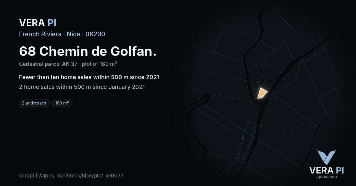 68 Chemin de Golfan, Nice at night – the plot lit, the parcels around coloured by the prices near them