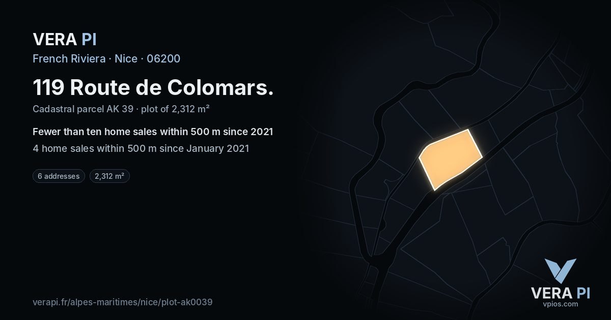 119 Route de Colomars, Nice at night – the plot lit, the parcels around coloured by the prices near them