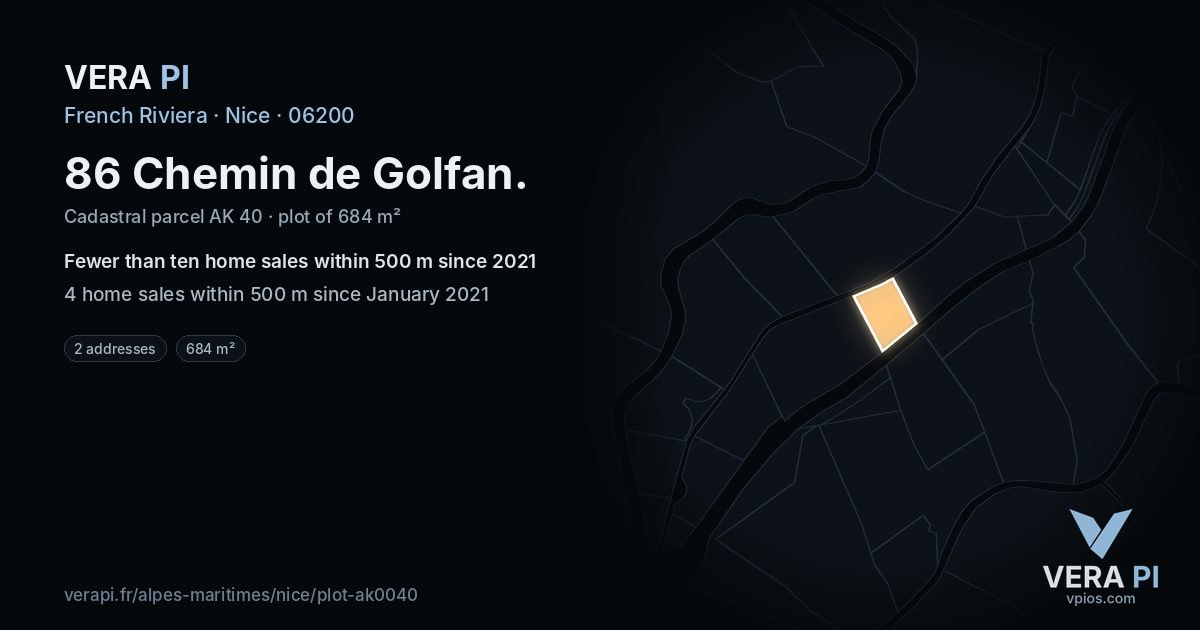 86 Chemin de Golfan, Nice at night – the plot lit, the parcels around coloured by the prices near them