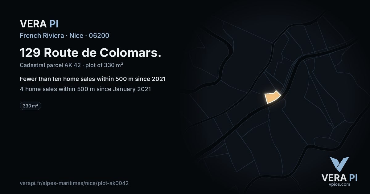 129 Route de Colomars, Nice at night – the plot lit, the parcels around coloured by the prices near them