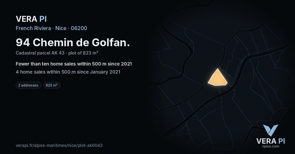 94 Chemin de Golfan, Nice at night – the plot lit, the parcels around coloured by the prices near them