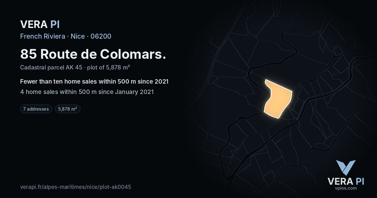 85 Route de Colomars, Nice at night – the plot lit, the parcels around coloured by the prices near them