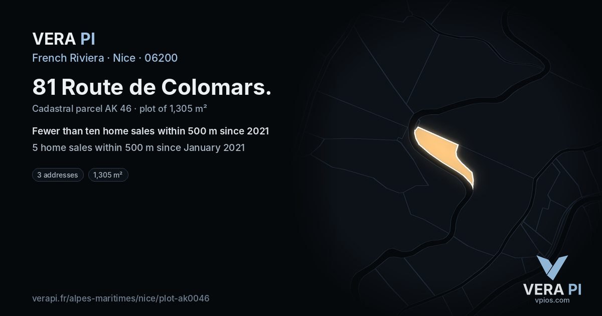 81 Route de Colomars, Nice at night – the plot lit, the parcels around coloured by the prices near them