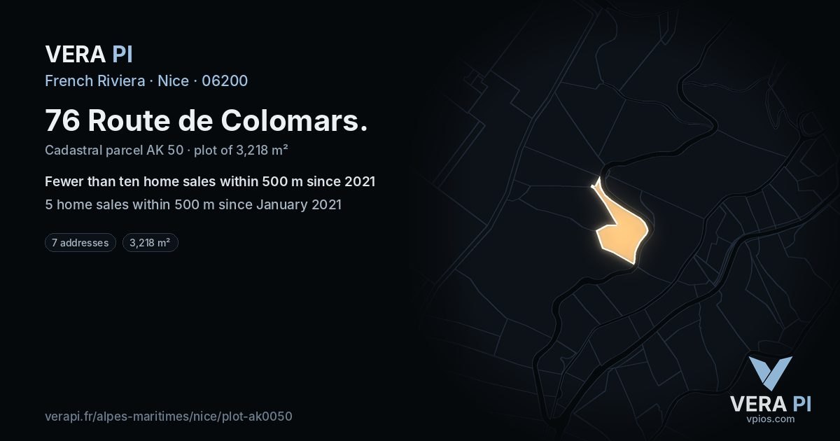 76 Route de Colomars, Nice at night – the plot lit, the parcels around coloured by the prices near them