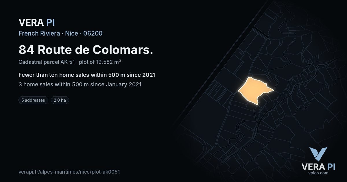 84 Route de Colomars, Nice at night – the plot lit, the parcels around coloured by the prices near them
