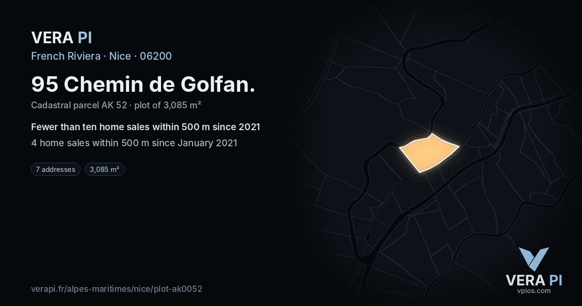 95 Chemin de Golfan, Nice at night – the plot lit, the parcels around coloured by the prices near them