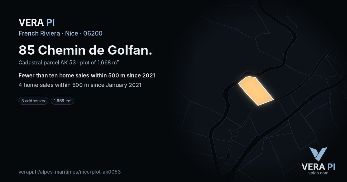 85 Chemin de Golfan, Nice at night – the plot lit, the parcels around coloured by the prices near them