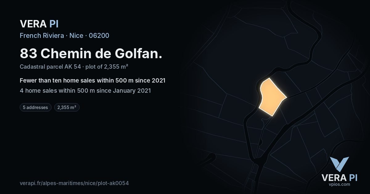 83 Chemin de Golfan, Nice at night – the plot lit, the parcels around coloured by the prices near them