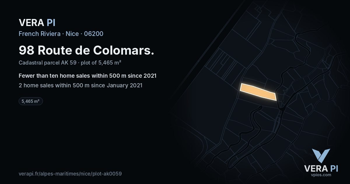 98 Route de Colomars, Nice at night – the plot lit, the parcels around coloured by the prices near them