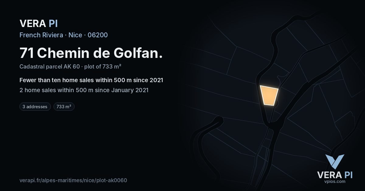 71 Chemin de Golfan, Nice at night – the plot lit, the parcels around coloured by the prices near them