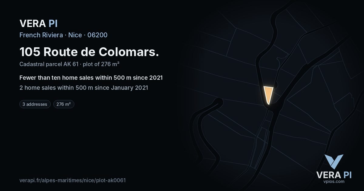 105 Route de Colomars, Nice at night – the plot lit, the parcels around coloured by the prices near them