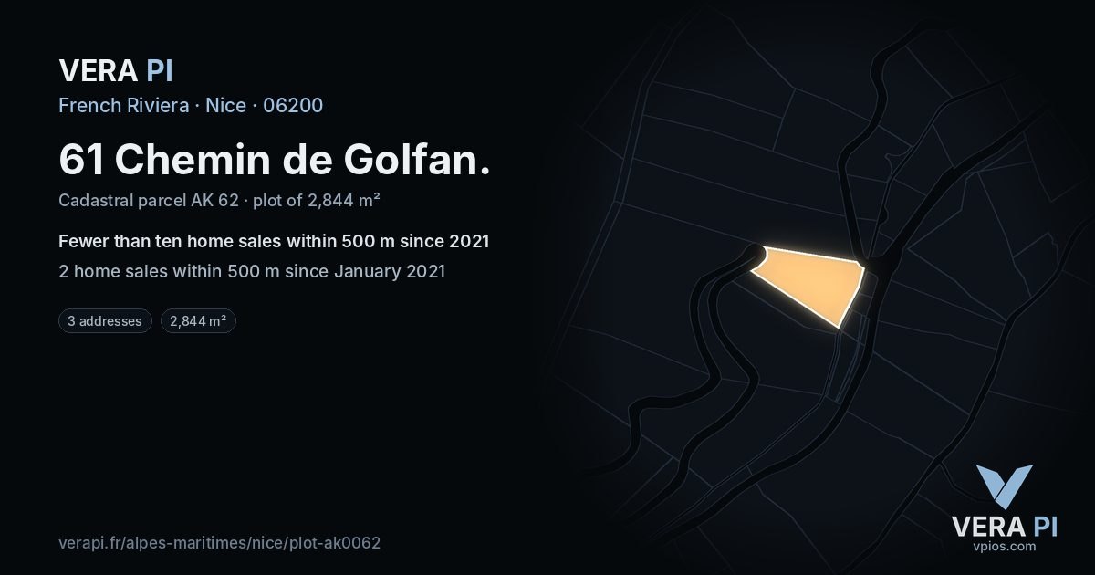 61 Chemin de Golfan, Nice at night – the plot lit, the parcels around coloured by the prices near them
