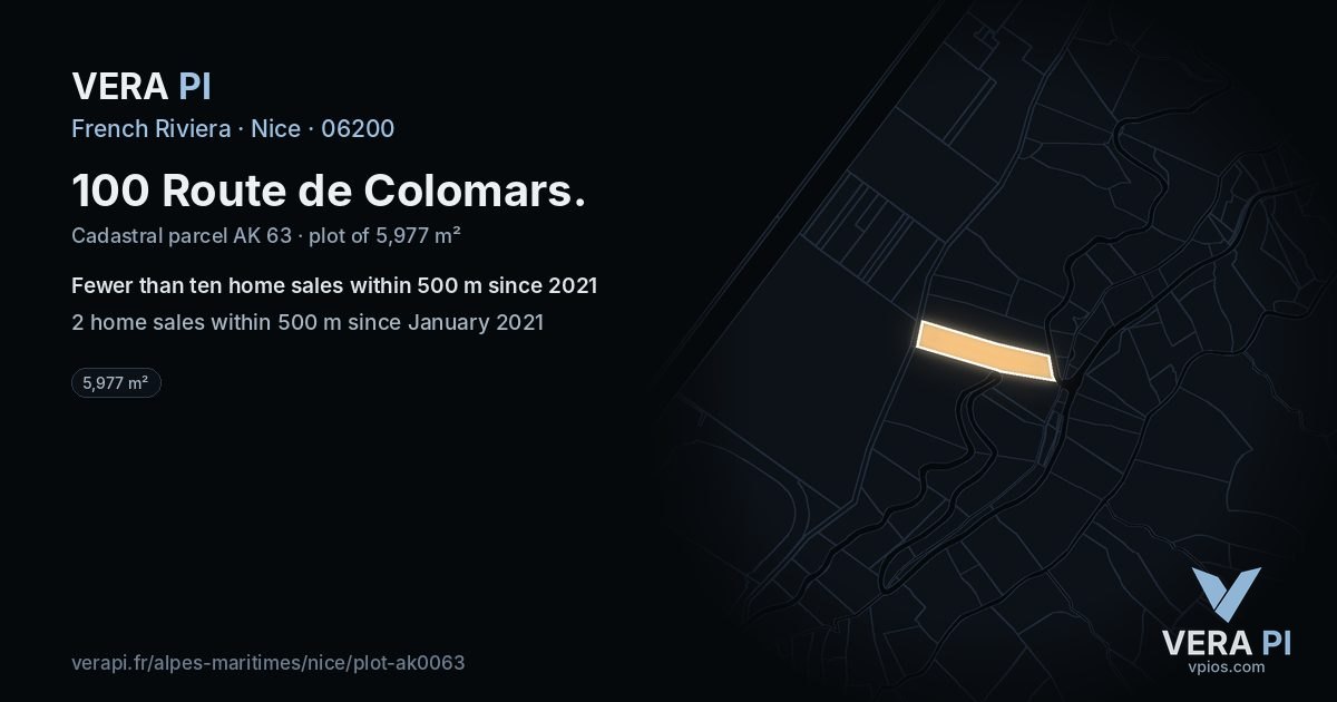 100 Route de Colomars, Nice at night – the plot lit, the parcels around coloured by the prices near them
