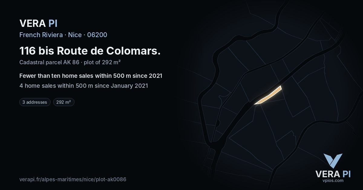116 bis Route de Colomars, Nice at night – the plot lit, the parcels around coloured by the prices near them