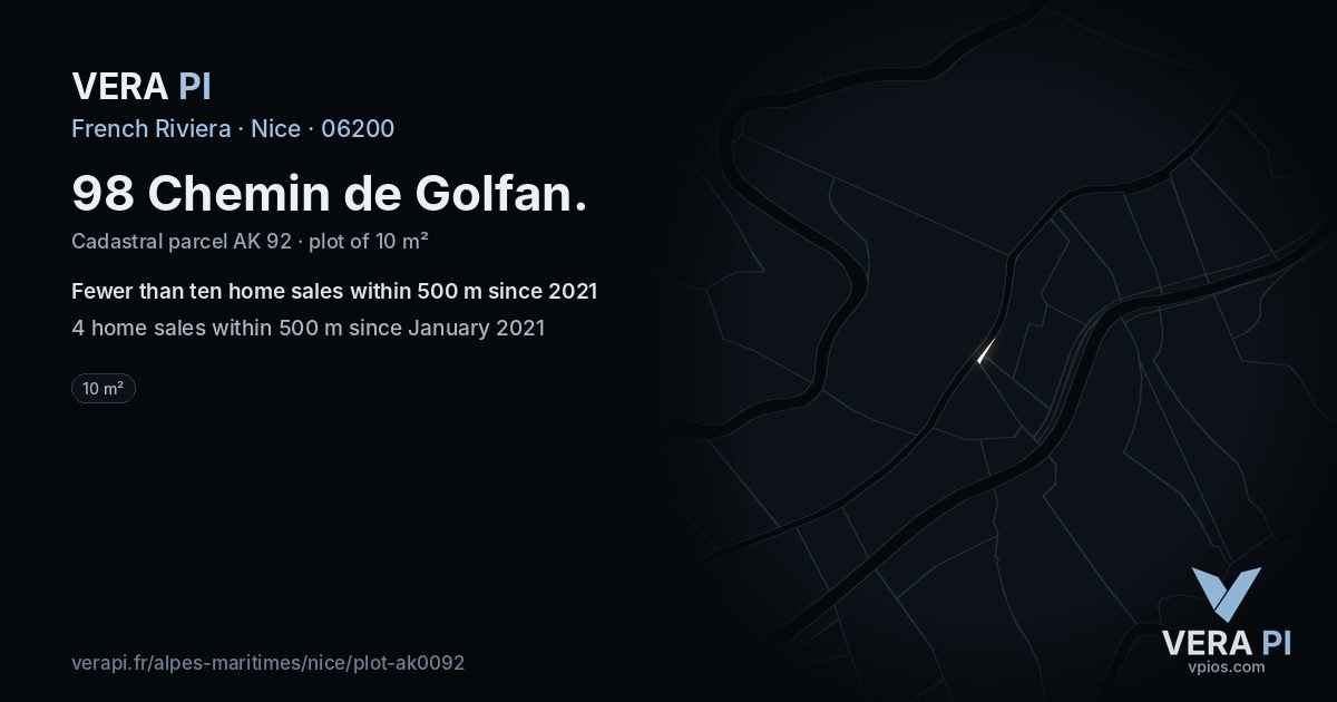 98 Chemin de Golfan, Nice at night – the plot lit, the parcels around coloured by the prices near them