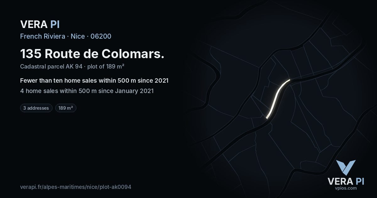 135 Route de Colomars, Nice at night – the plot lit, the parcels around coloured by the prices near them