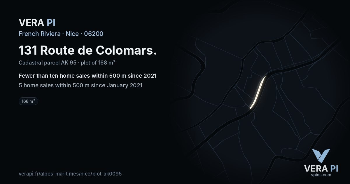 131 Route de Colomars, Nice at night – the plot lit, the parcels around coloured by the prices near them