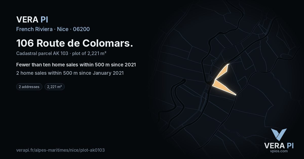 106 Route de Colomars, Nice at night – the plot lit, the parcels around coloured by the prices near them