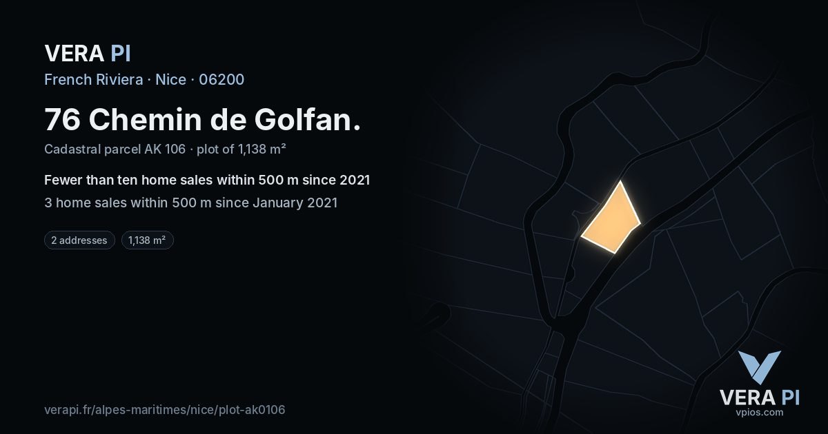 76 Chemin de Golfan, Nice at night – the plot lit, the parcels around coloured by the prices near them