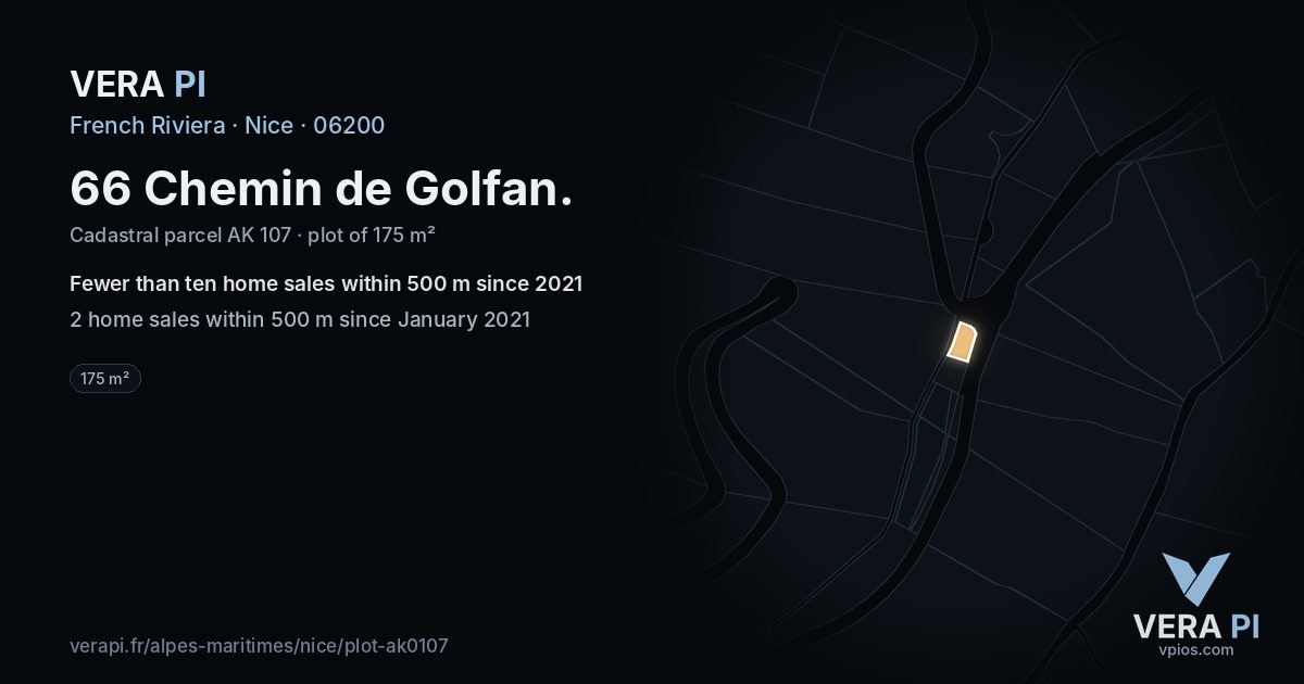 66 Chemin de Golfan, Nice at night – the plot lit, the parcels around coloured by the prices near them