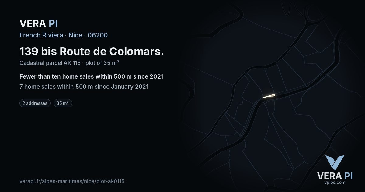 139 bis Route de Colomars, Nice at night – the plot lit, the parcels around coloured by the prices near them