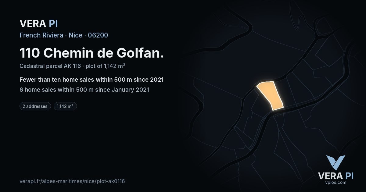 110 Chemin de Golfan, Nice at night – the plot lit, the parcels around coloured by the prices near them